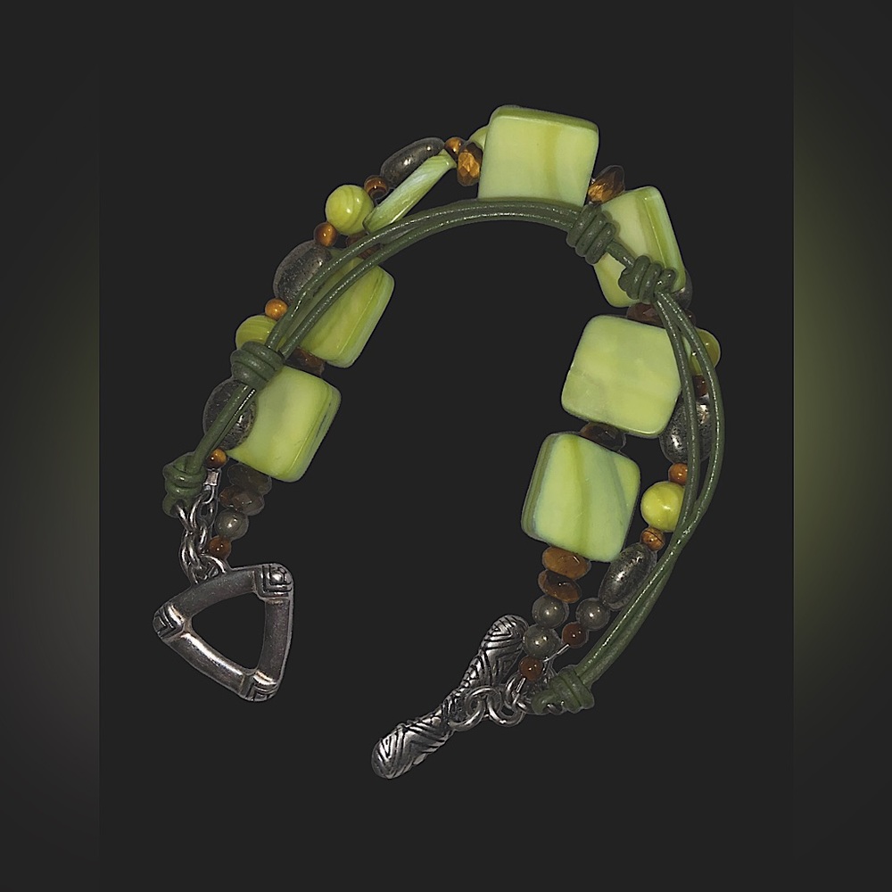 SILPADA mother of pearl, pyrite, tigers eye and green leather bracelet (Retired)